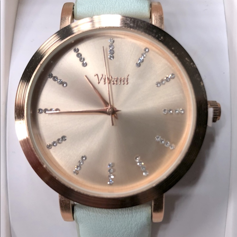 Vivani rose gold watch with mint green band.